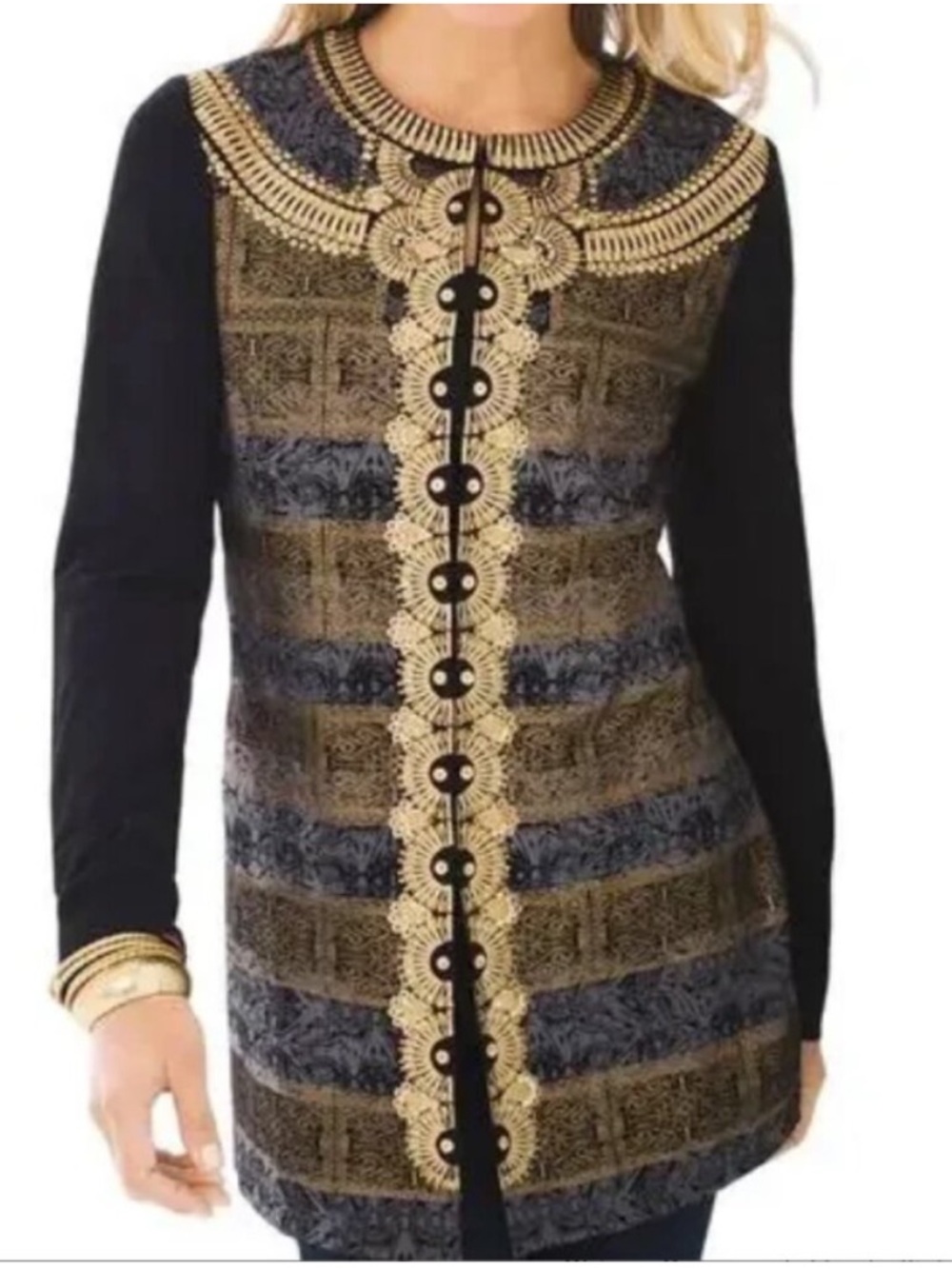 Chico's Black and Gold Embroidered Jacket Size 1 (Medium) NWT